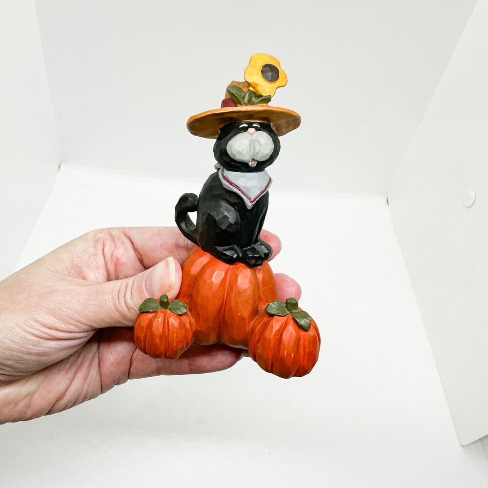 Vintage Blossom Bucket Black Cat Pumpkins Halloween Fall Figurine